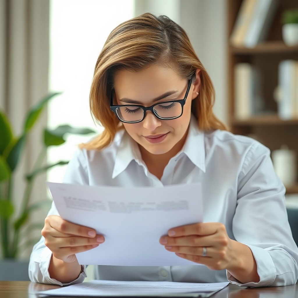 woman reading an insurance document at home, bookshelf in the background