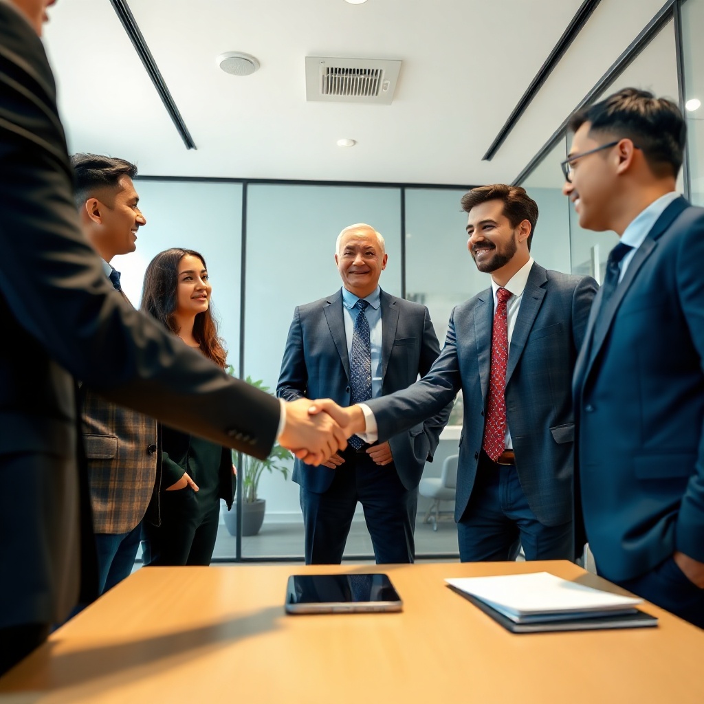 Colombian insurance brokers shaking hands in a modern professional office